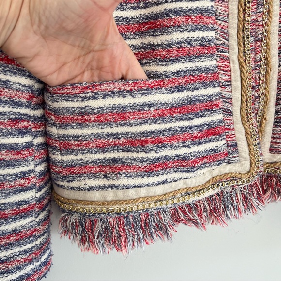 ANTHROPOLOGIE x Boston Proper Multicolor Tweed Striped Fringe Chain Jacket Sz 2 - Picture 5 of 16
